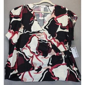 NWT Nine West Womens XXL Top Short Sleeve Faux Wrap Office Maximalist Dopamine